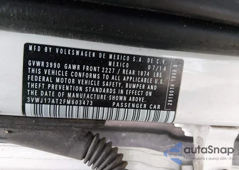 2015 Volkswagen Beetle 1.8T из США, поврежденный, VIN 3VWJ17AT2FM603473